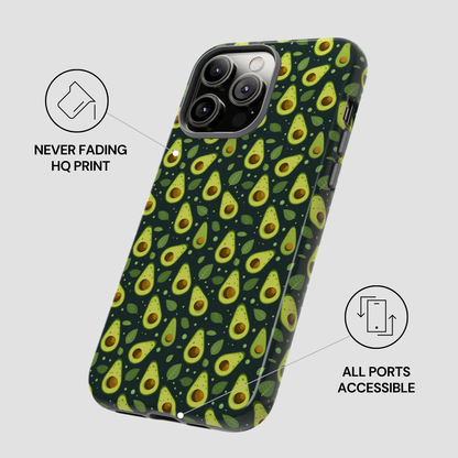A phone case with a repeating avocado print on a dark green background, shown on a light gray background with feature callout text and icons.