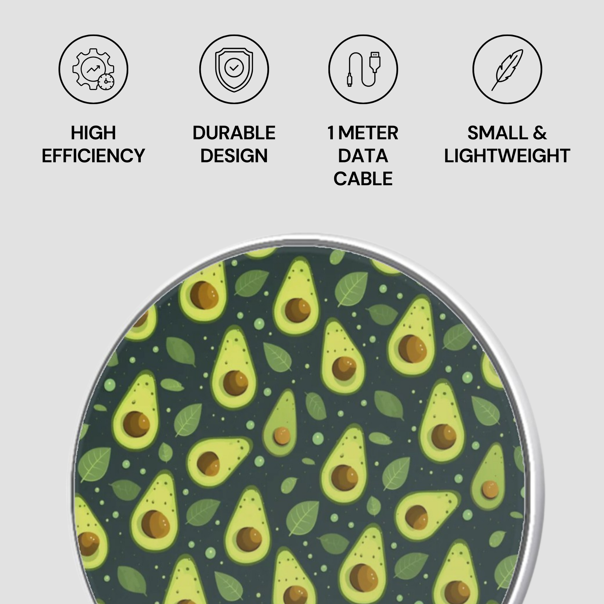 A circular 1-meter data cable with a dark green and light green avocado pattern, shown below four feature icons on a light gray background.
