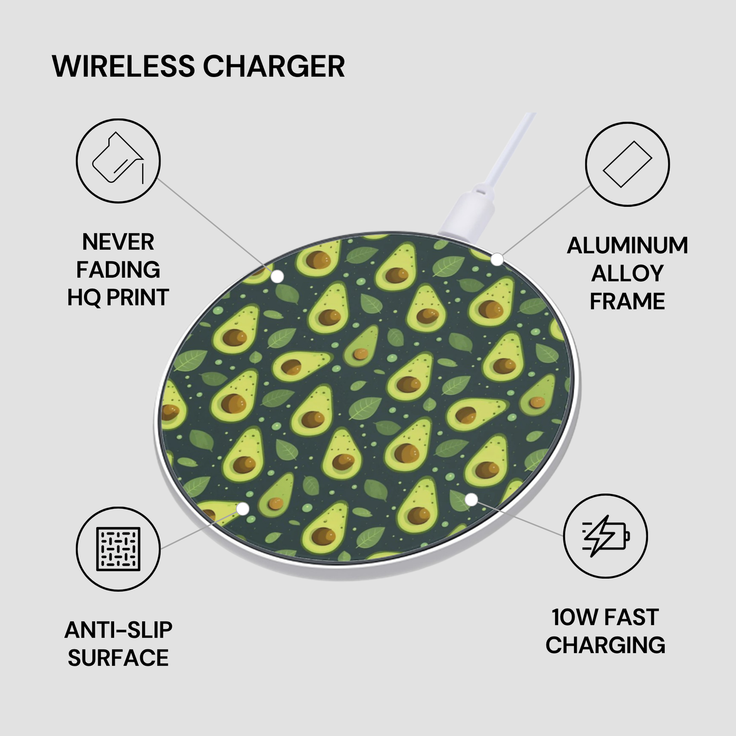 A wireless charger with an avocado print pattern, shown with feature callout text on a light gray background.