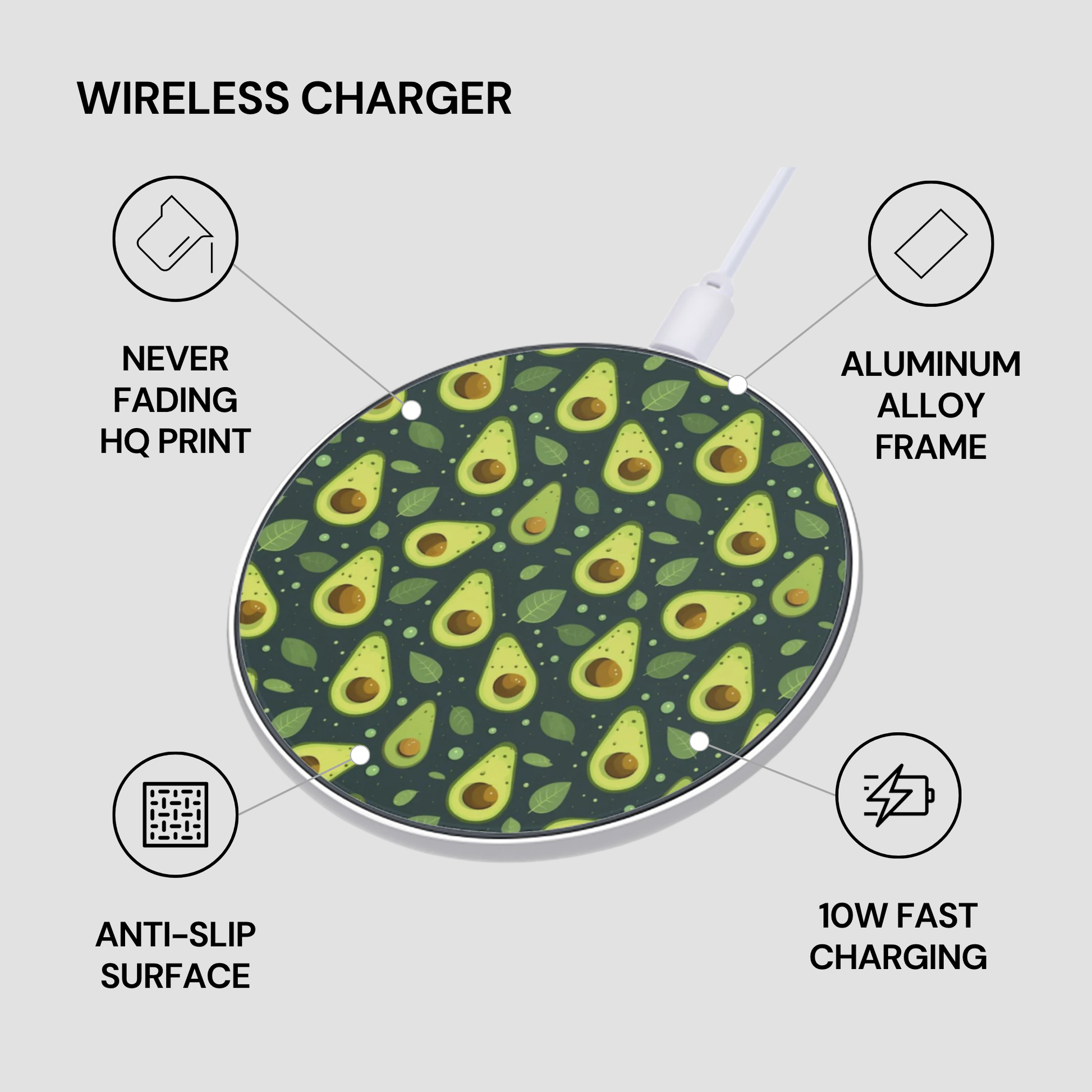 A wireless charger with an avocado print pattern, shown with feature callout text on a light gray background.