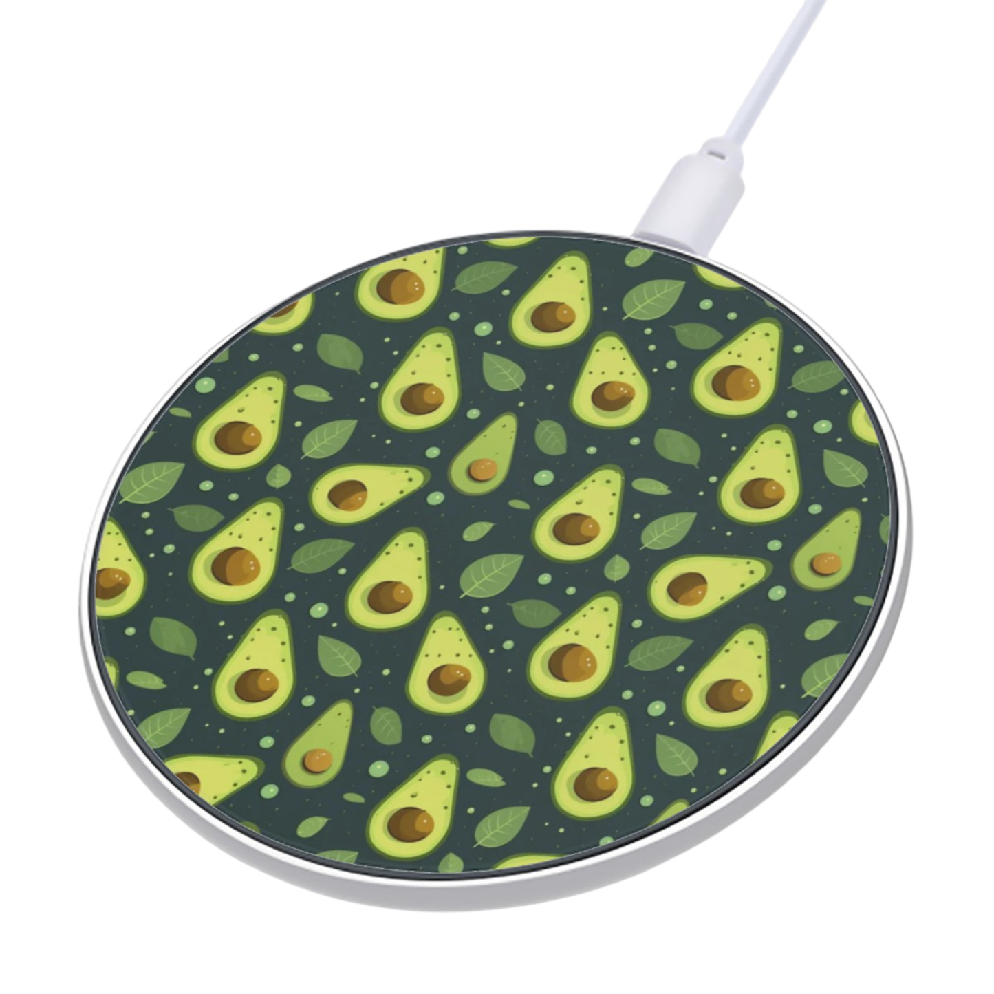 A round wireless charger with a repeating avocado pattern on a dark green background, shown with a white charging cable plugged in against a plain white background.