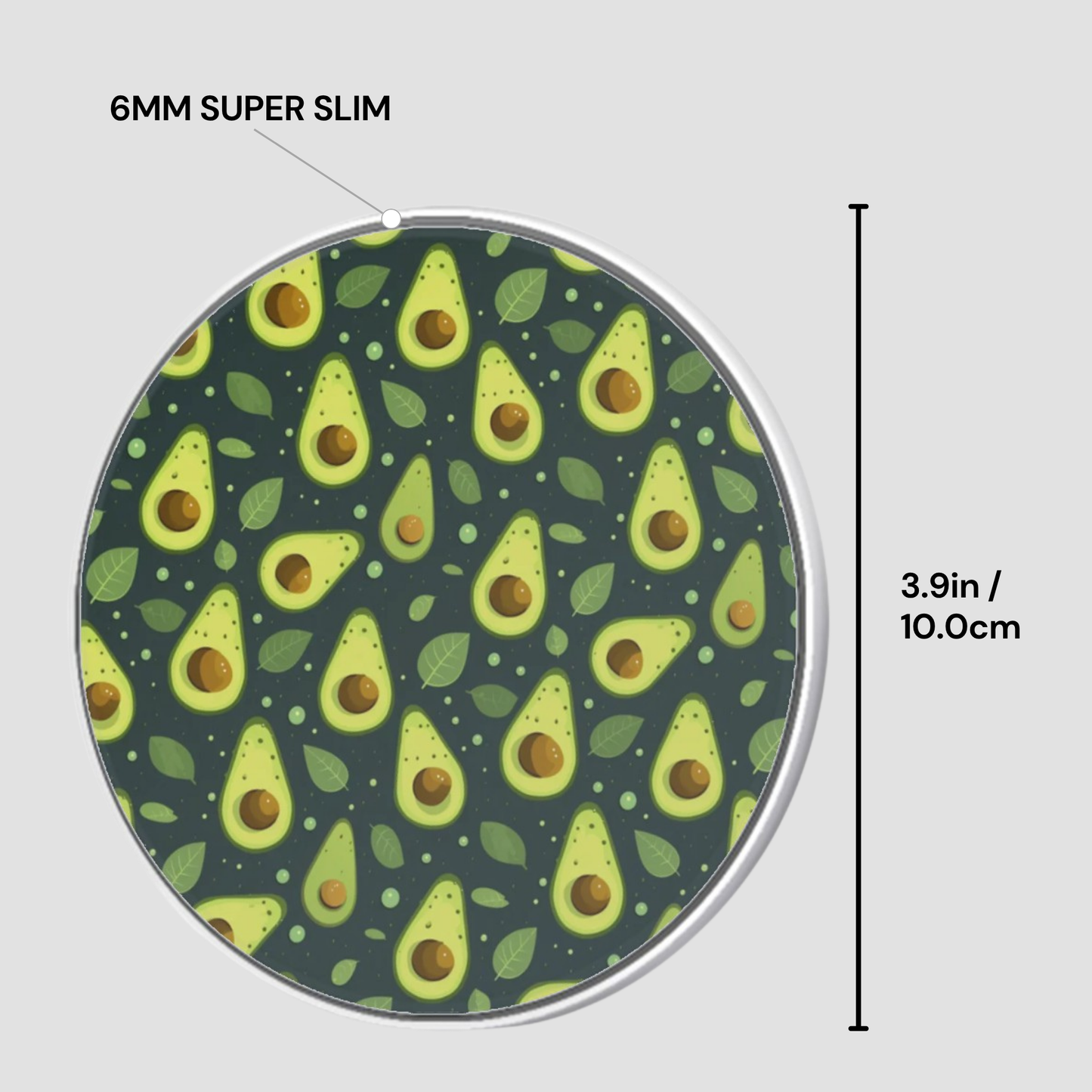 A round tray or plate with a repeating avocado pattern on a dark gray background, shown with measurement labels indicating 6mm slimness and 3.9 in / 10.