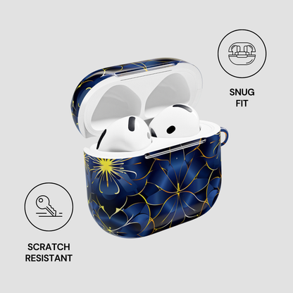 Wireless earbuds in a blue floral case with 'Snug Fit' and 'Scratch Resistant' features on a light gray background.