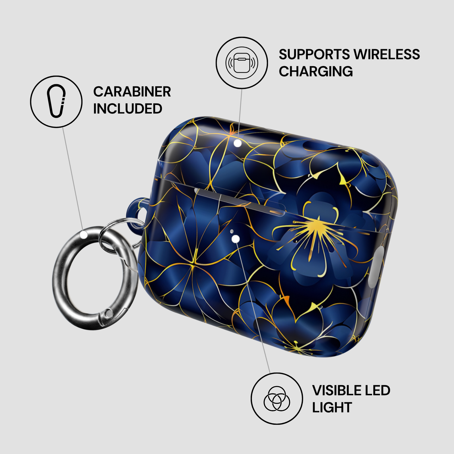 Blue floral case with carabiner, wireless charging, and LED light features on a gray background