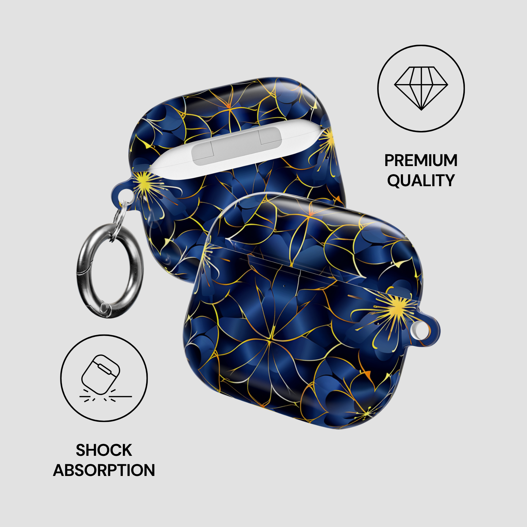 Blue floral patterned case with shock absorption and premium quality indicators on a light gray background