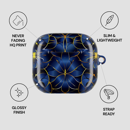 Blue and gold floral patterned case with features listed on a gray background