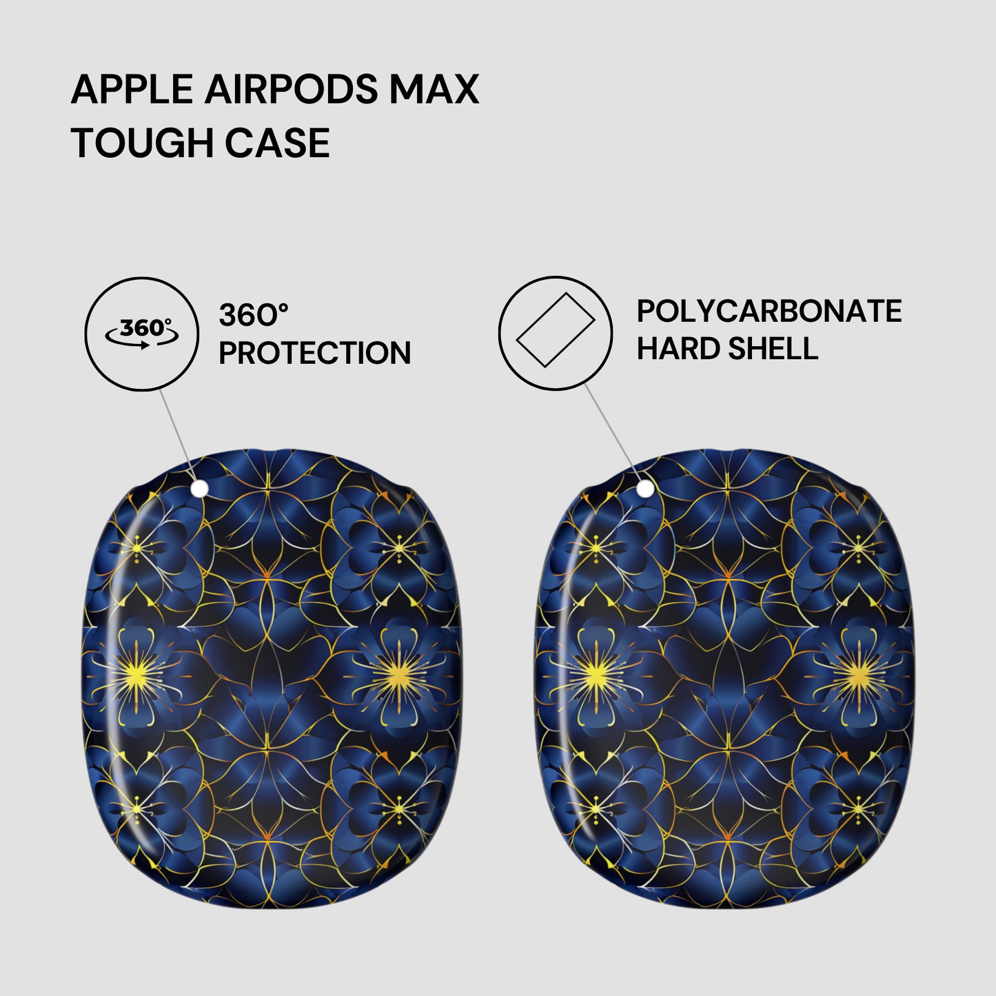 Tough case for Apple AirPods Max with blue floral design on a gray background
