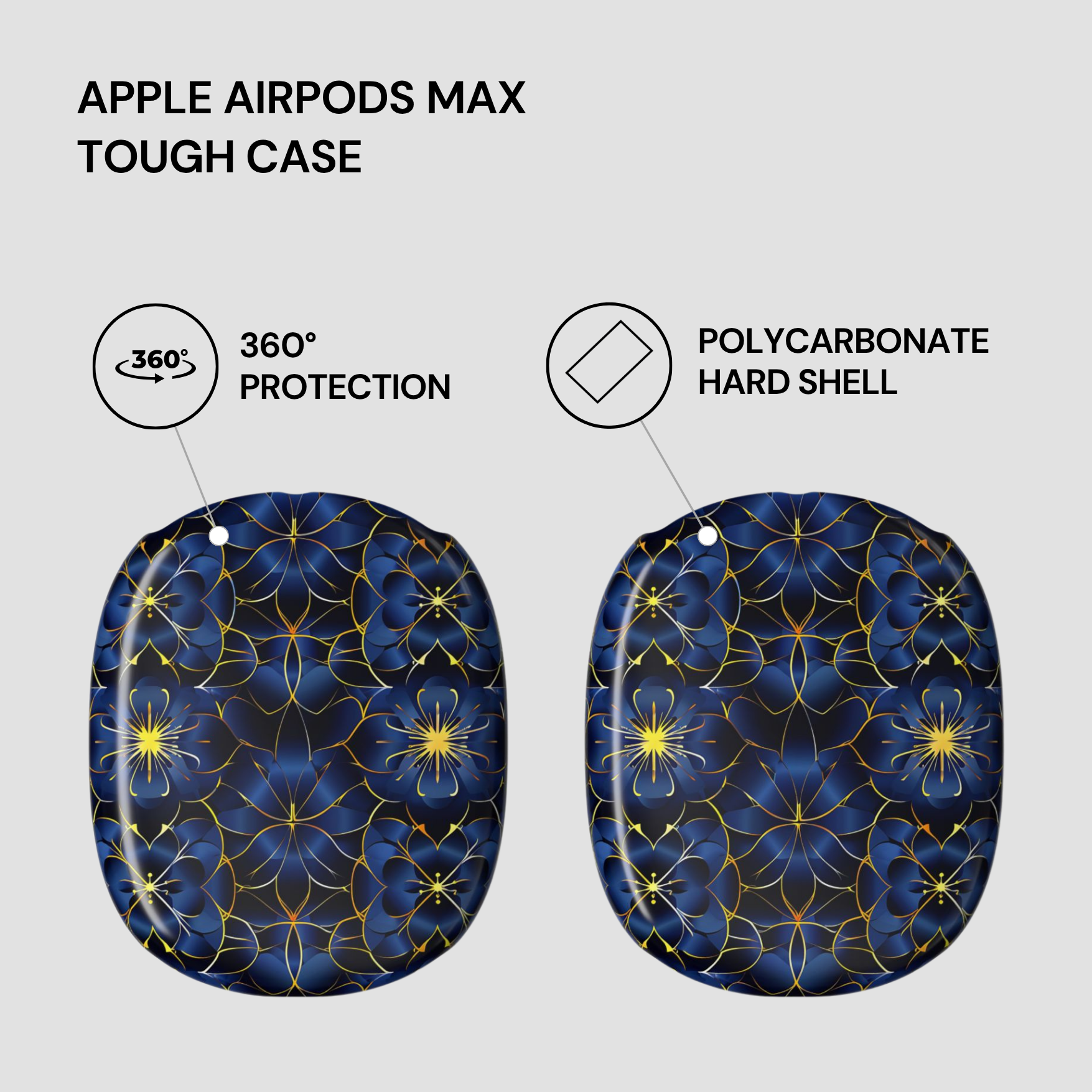Tough case for Apple AirPods Max with blue floral design on a gray background