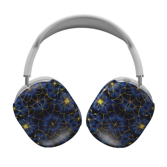 Headphones with blue floral design on a white background