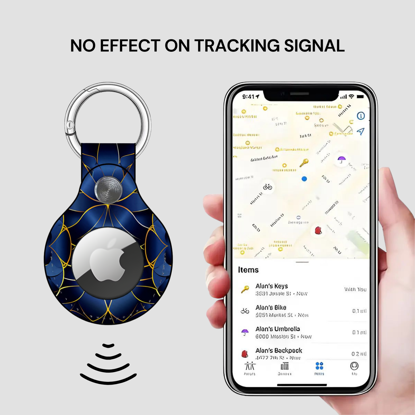 Smart keychain with Apple logo and phone displaying location app on gray background