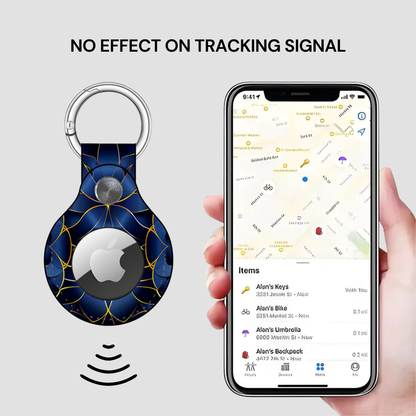 Smart keychain with Apple logo and phone displaying location app on gray background