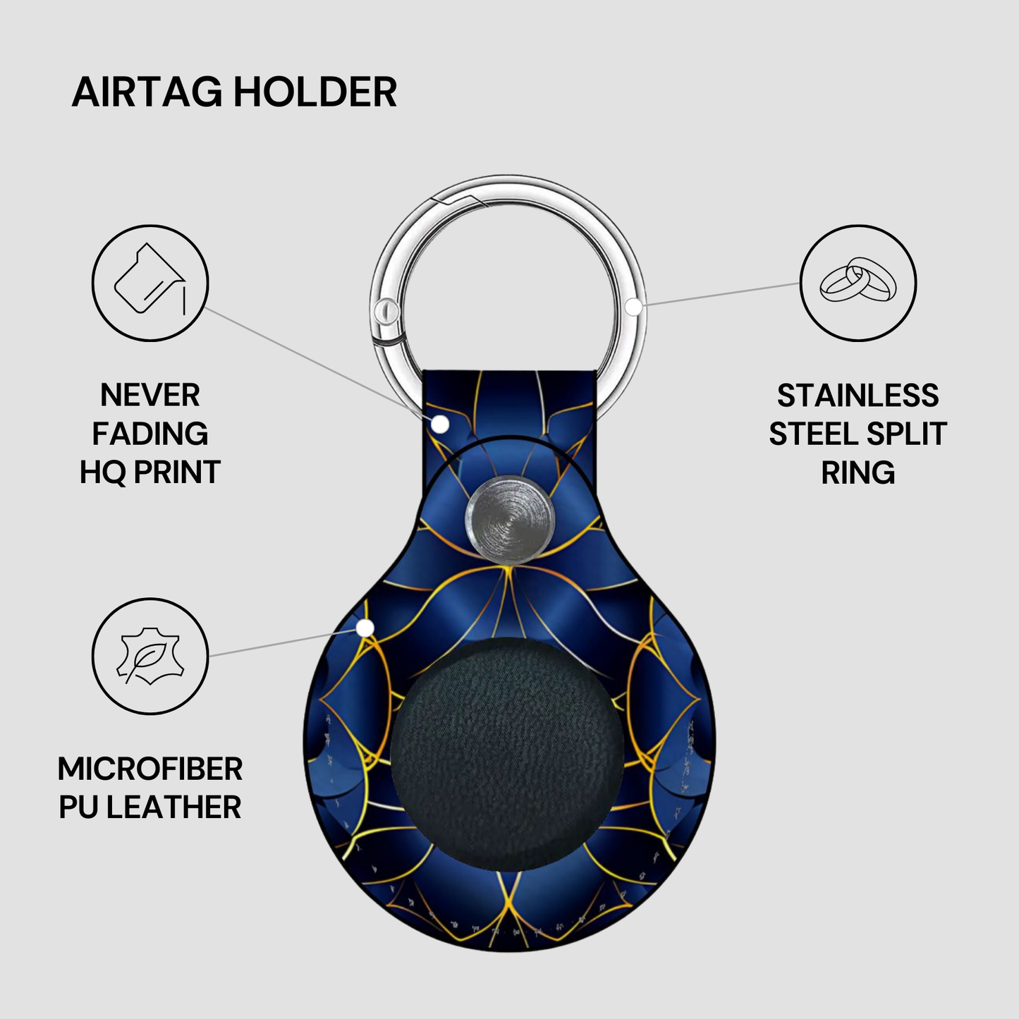 Airtag holder with blue marble design on a gray background
