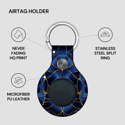 Airtag holder with blue marble design on a gray background