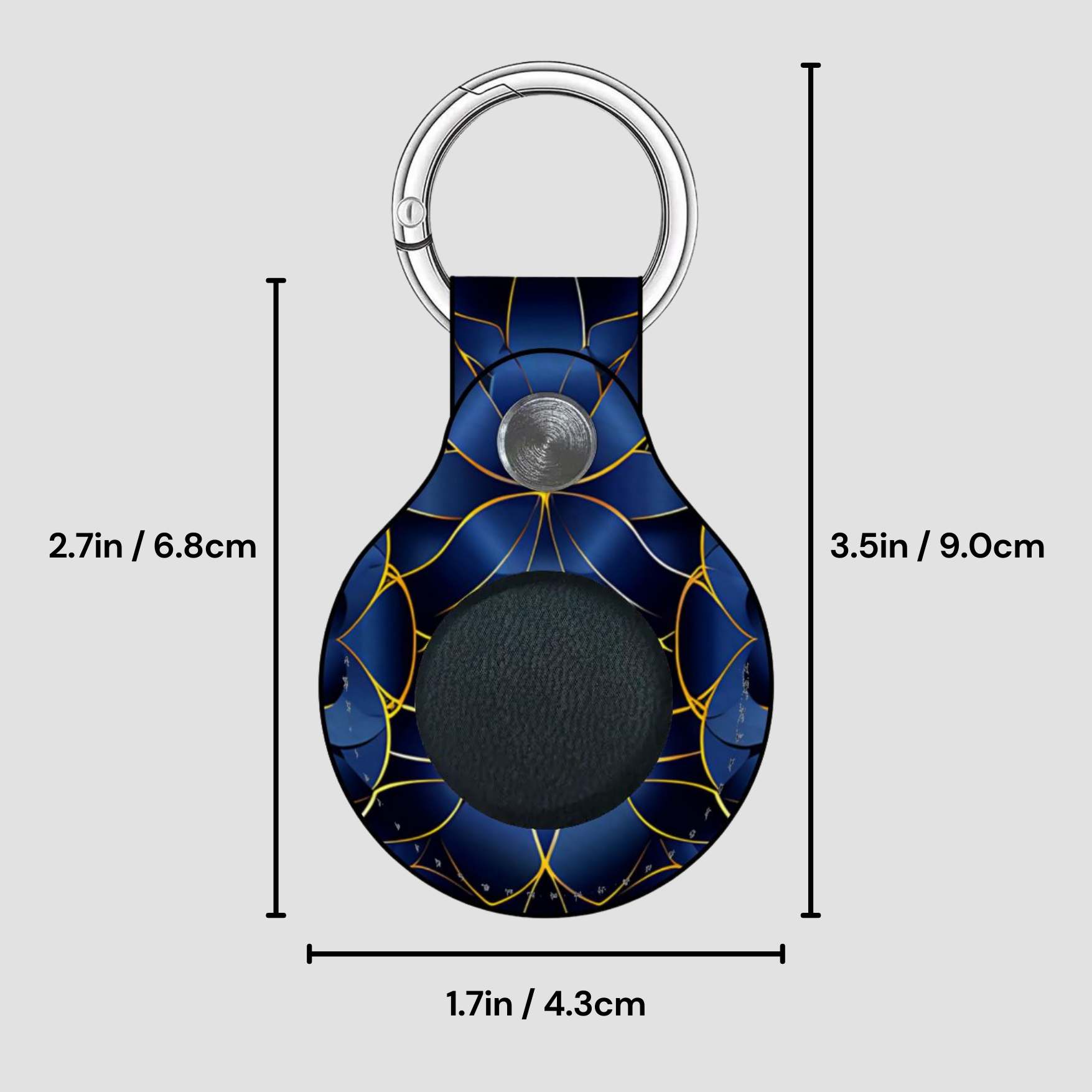 Keychain with blue and gold design and measurements on a gray background
