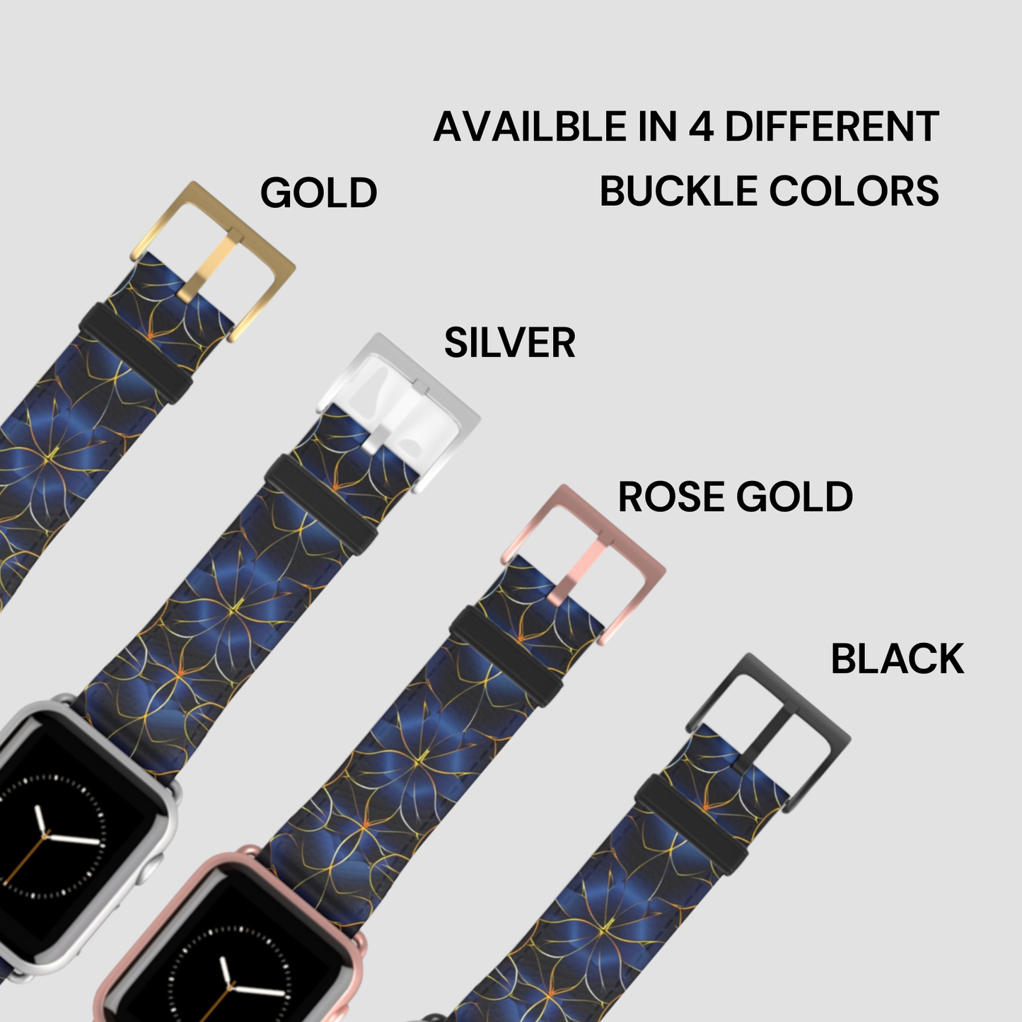 Watch strap with gold, silver, rose gold, and black buckles on a gray background