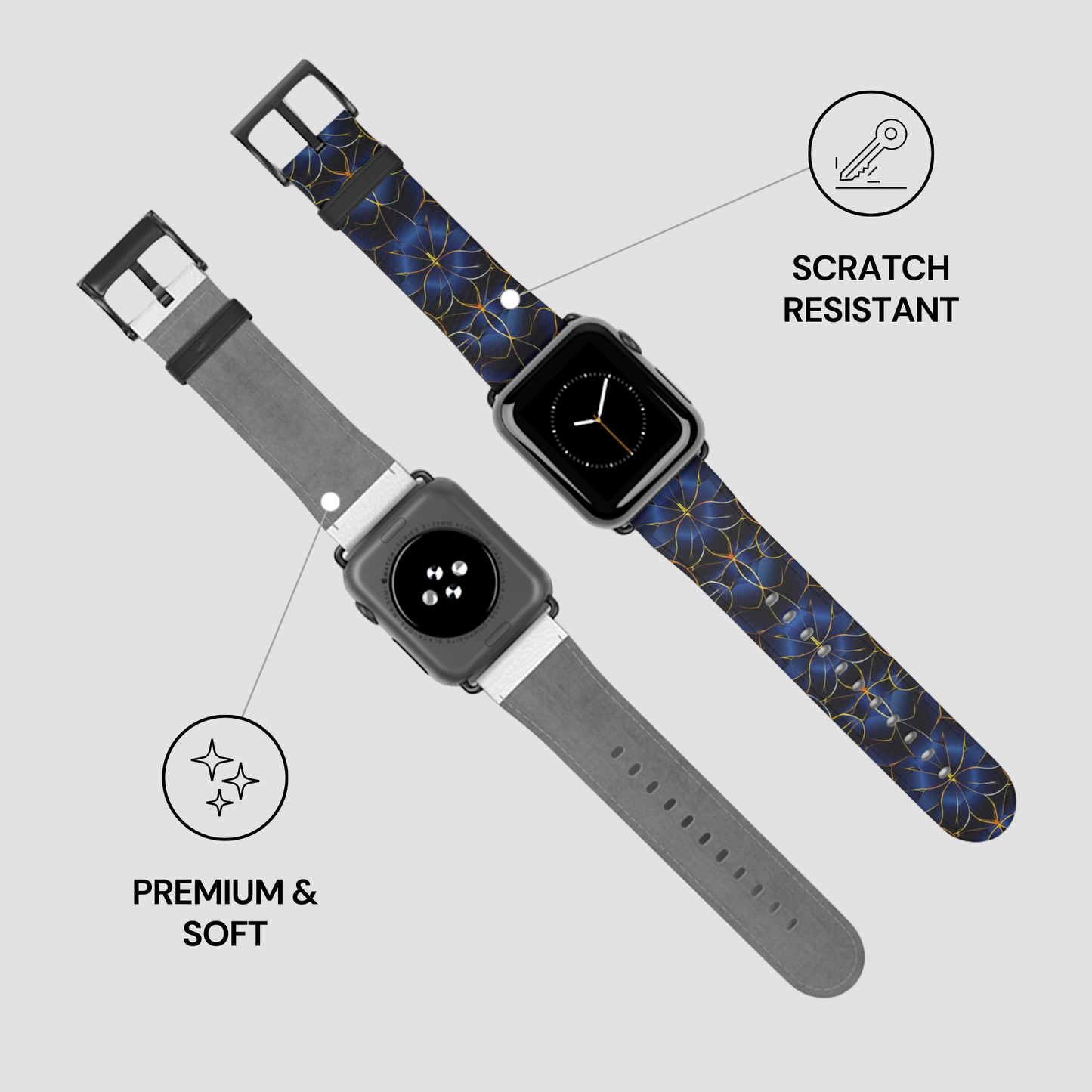 Two watch straps with floral pattern and gray strap, labeled 'Scratch Resistant' and 'Premium & Soft'.