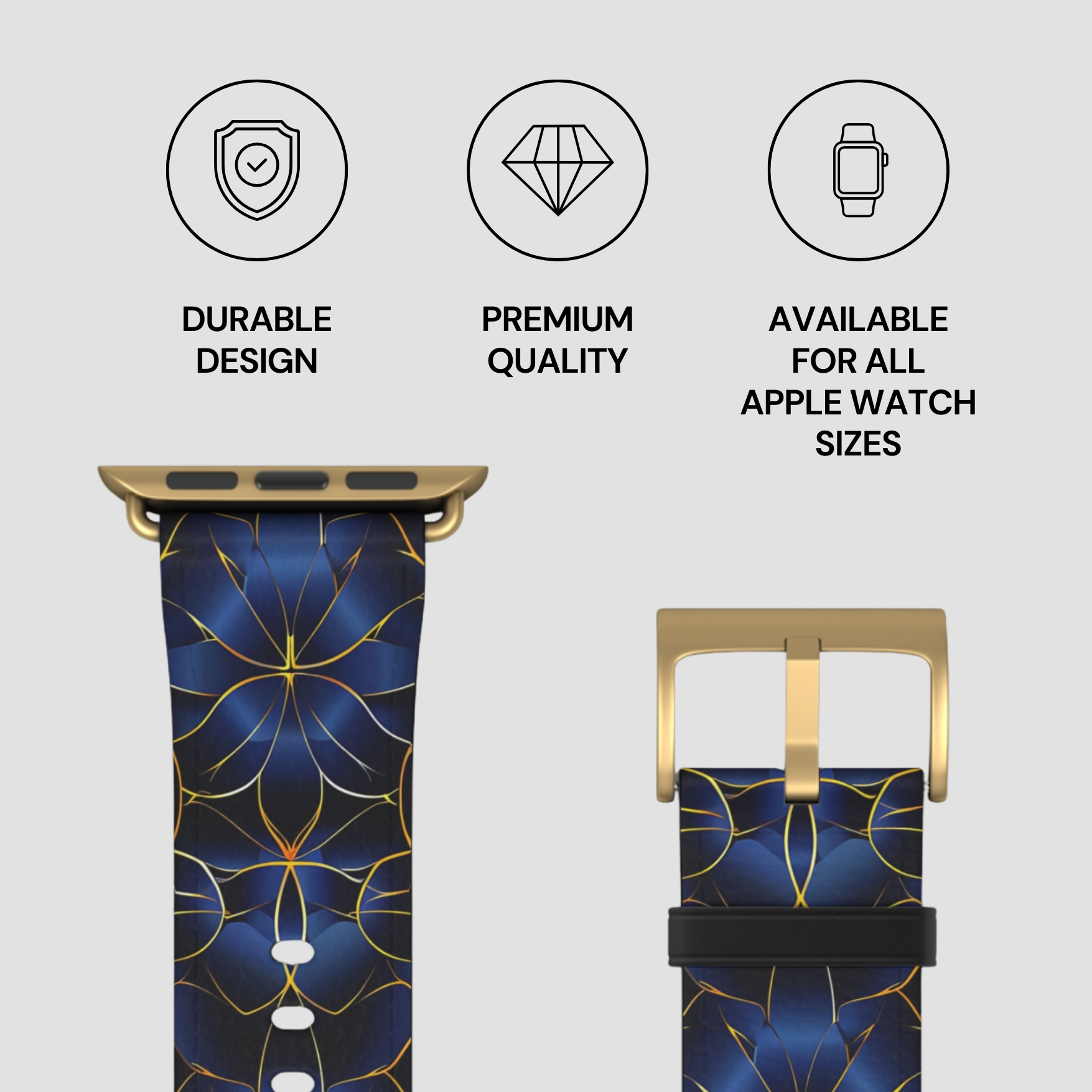 Blue and gold patterned watch strap with durability, quality, and compatibility features on a light gray background.