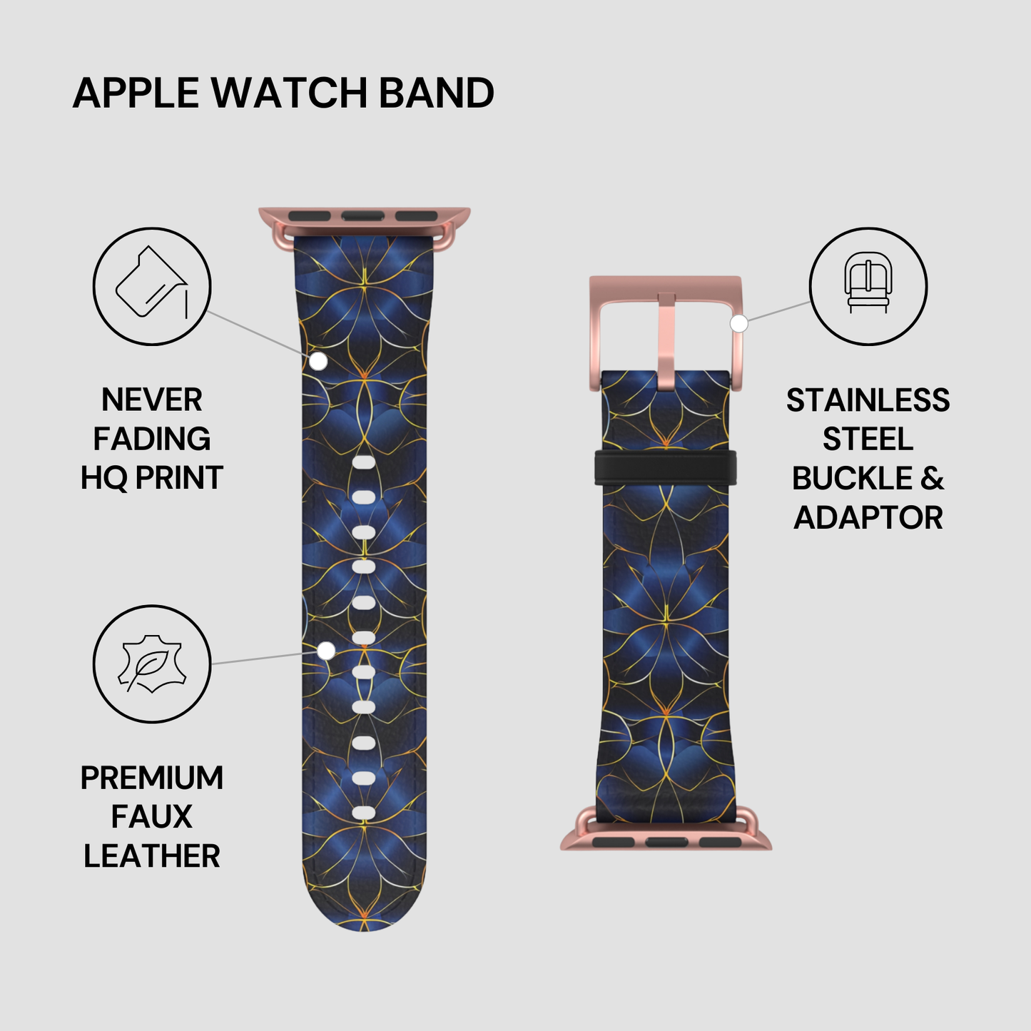 Apple watch band with blue floral pattern, stainless steel buckle, and adapter on a gray background.