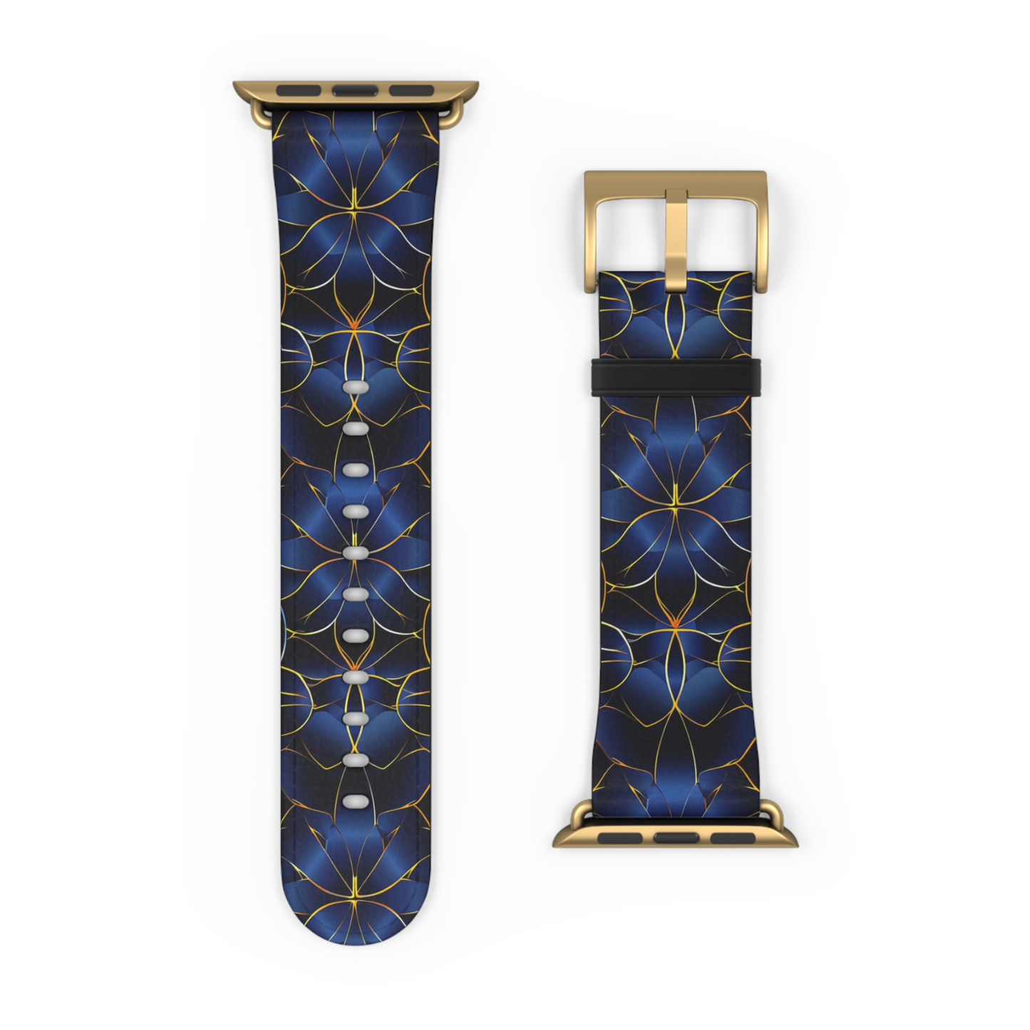 Blue floral patterned watch strap with gold accents on a white background