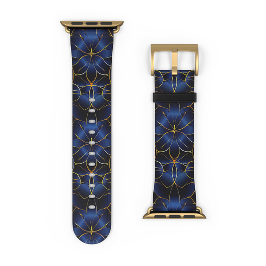 Blue floral patterned watch strap with gold accents on a white background