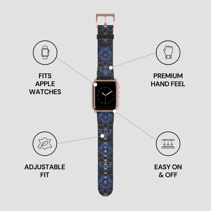 Smartwatch with a blue patterned band on a gray background with feature icons.