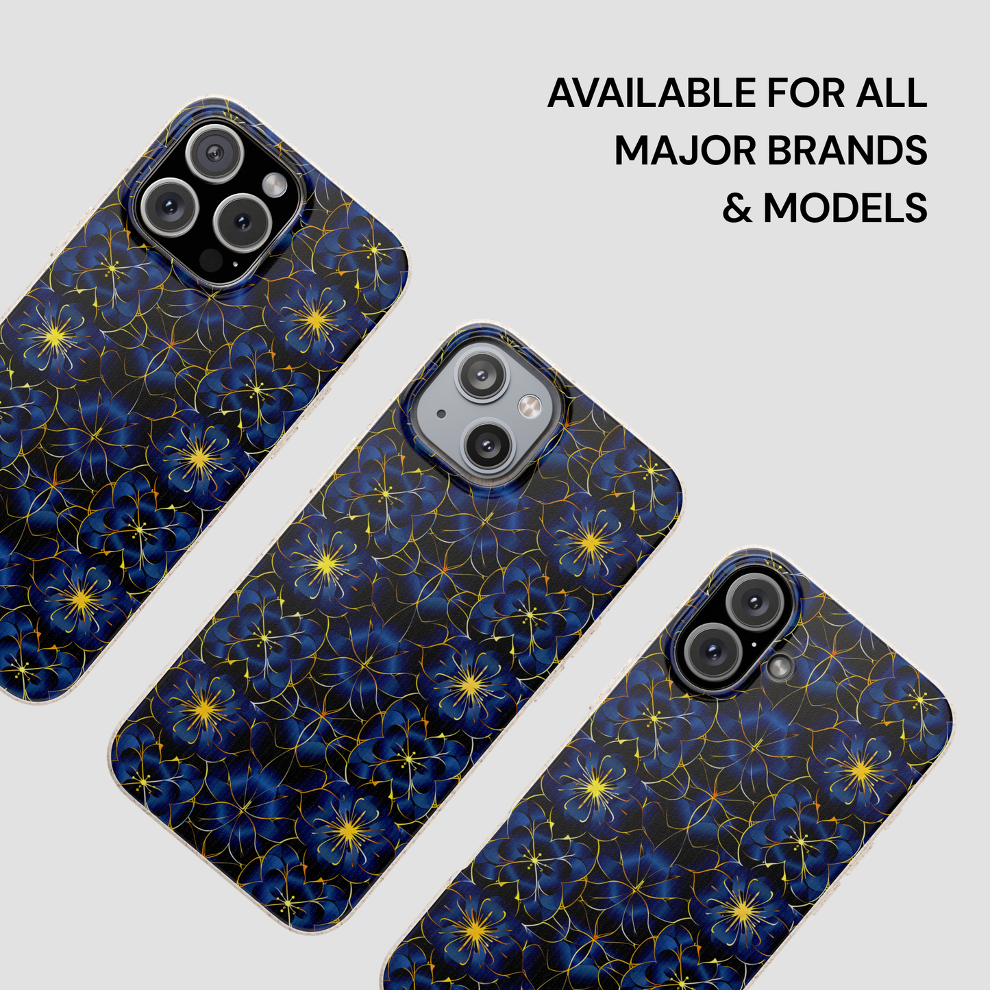 Three phone cases with blue floral pattern on a light gray background
