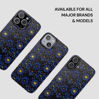 Three phone cases with blue floral pattern on a light gray background