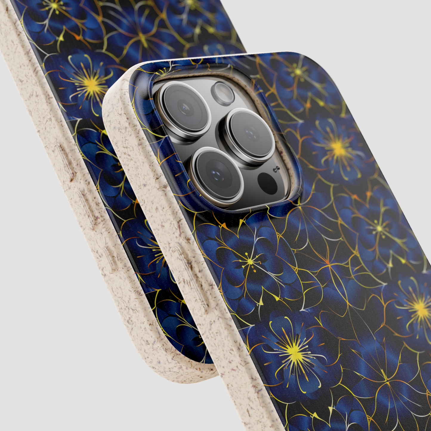 Phone case with blue floral pattern on a white background