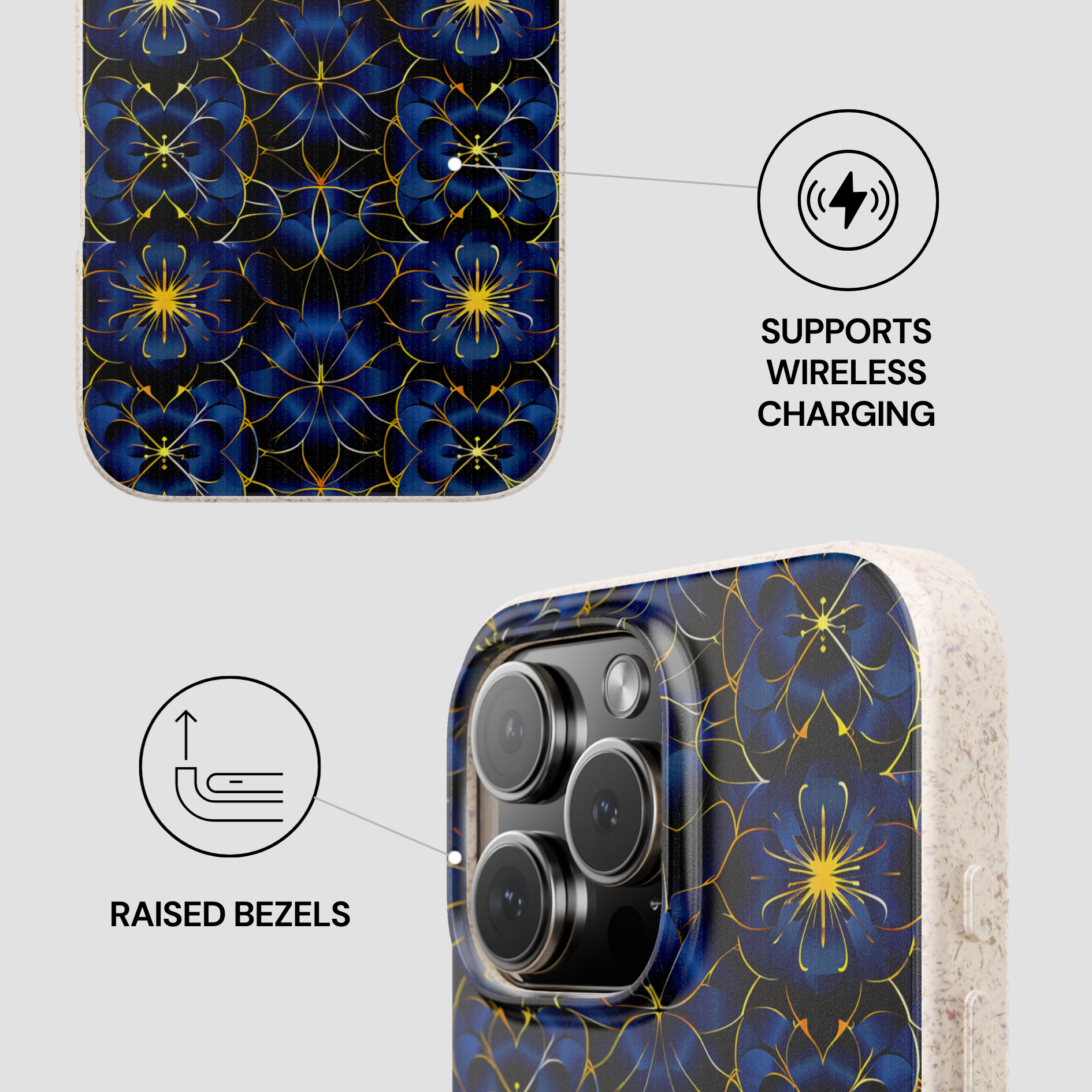 Phone case with blue floral pattern and wireless charging support on a light gray background