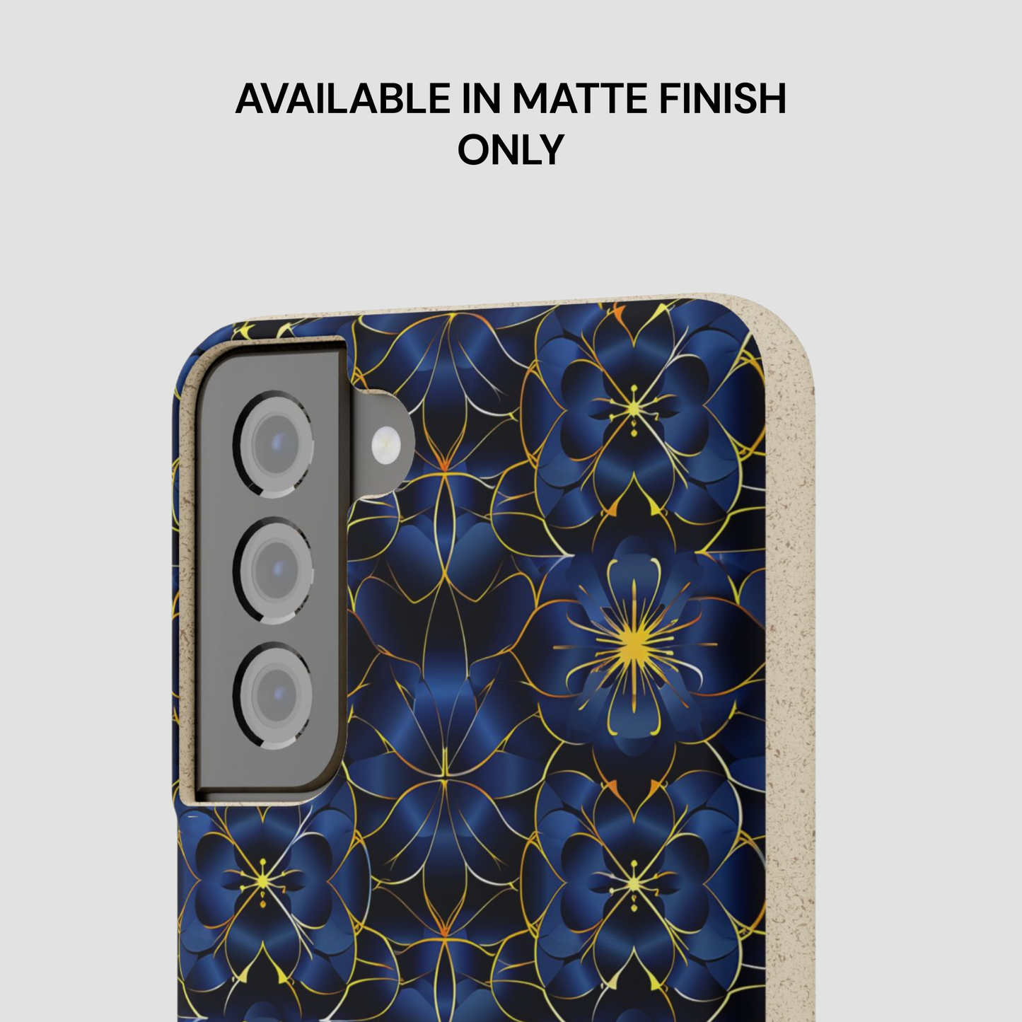 Phone case with blue floral pattern on a light gray background