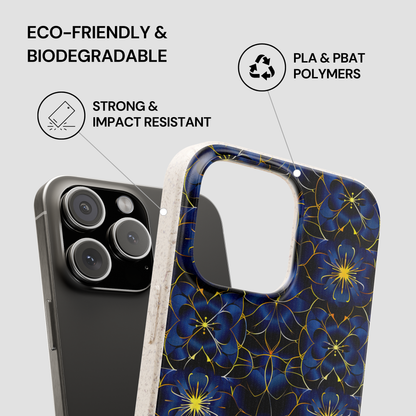 Blue floral phone case with eco-friendly and biodegradable features on a gray background