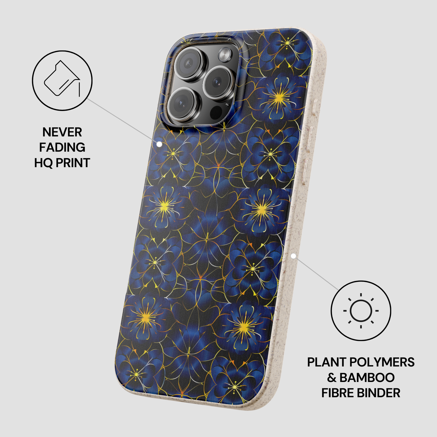 Phone case with blue floral pattern on a gray background