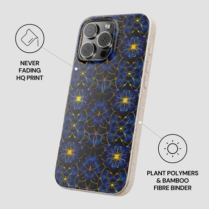 Phone case with blue floral pattern on a gray background