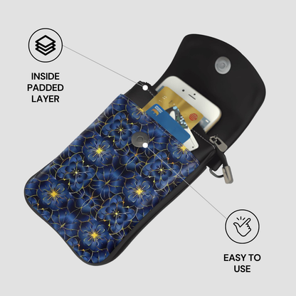 Floral-patterned pouch with phone and cards, labeled 'Inside Padded Layer' and 'Easy to Use'.