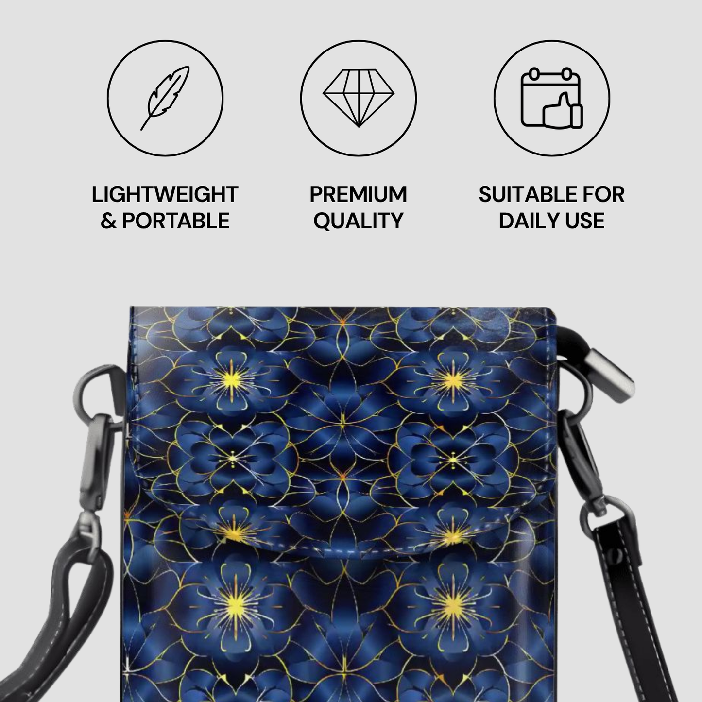 Blue floral patterned bag with black straps on a light gray background, featuring icons and text about product attributes.