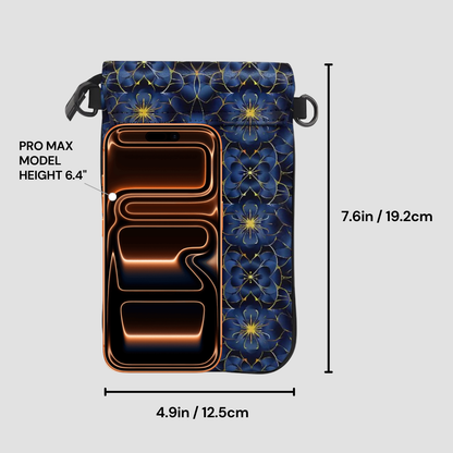 Floral patterned phone case with dimensions and model height label on a gray background