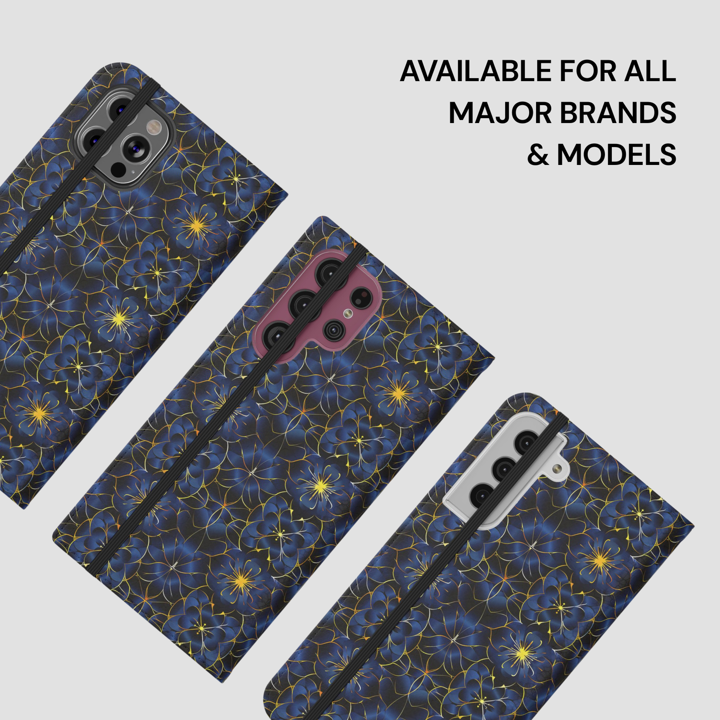 Three phone cases with a blue floral pattern on a light gray background, with text indicating availability for all major brands and models.