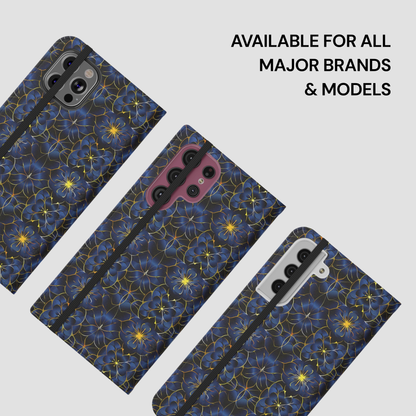 Three phone cases with a blue floral pattern on a light gray background, with text indicating availability for all major brands and models.