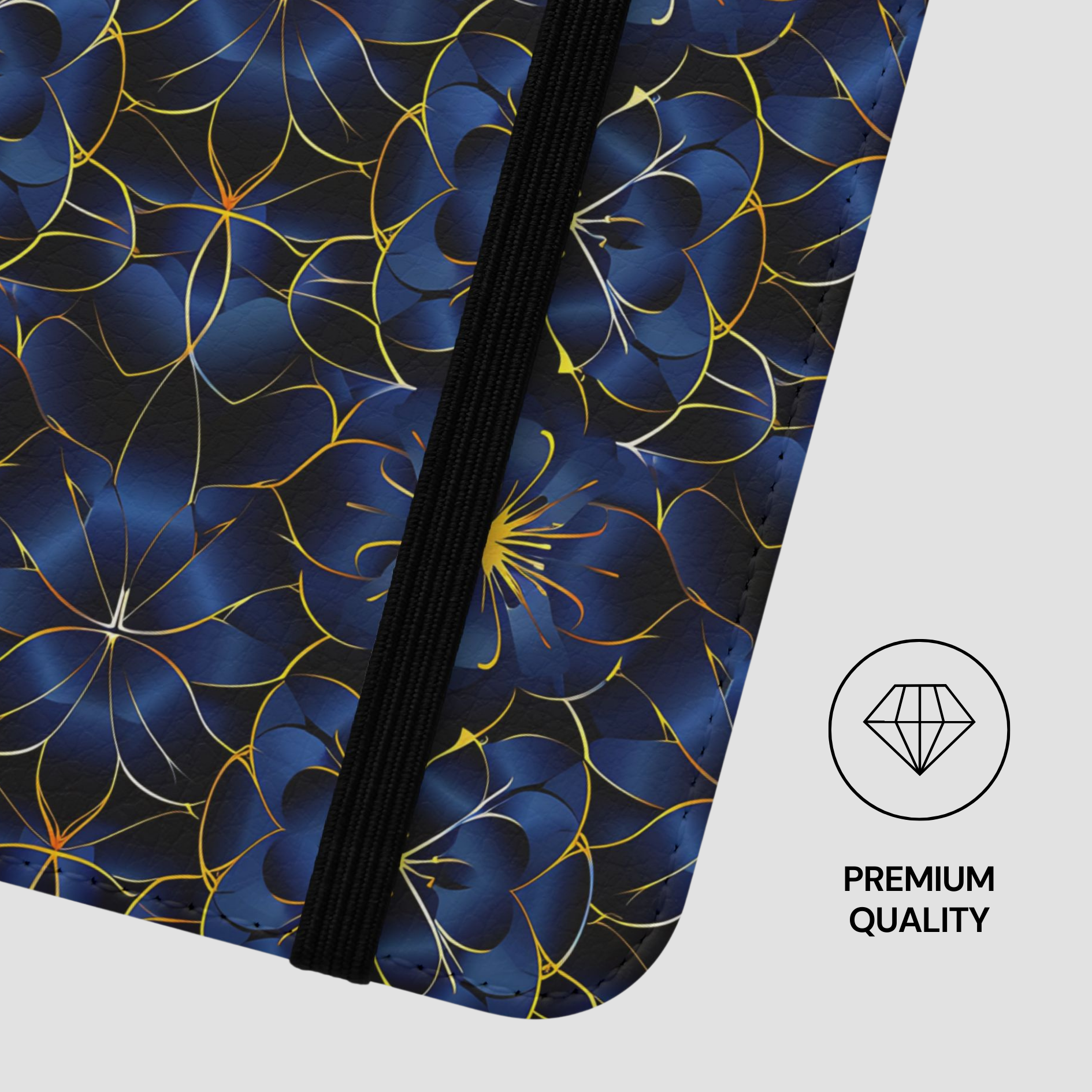 Product with blue floral pattern and black zipper on a white background, featuring 'Premium Quality' label.