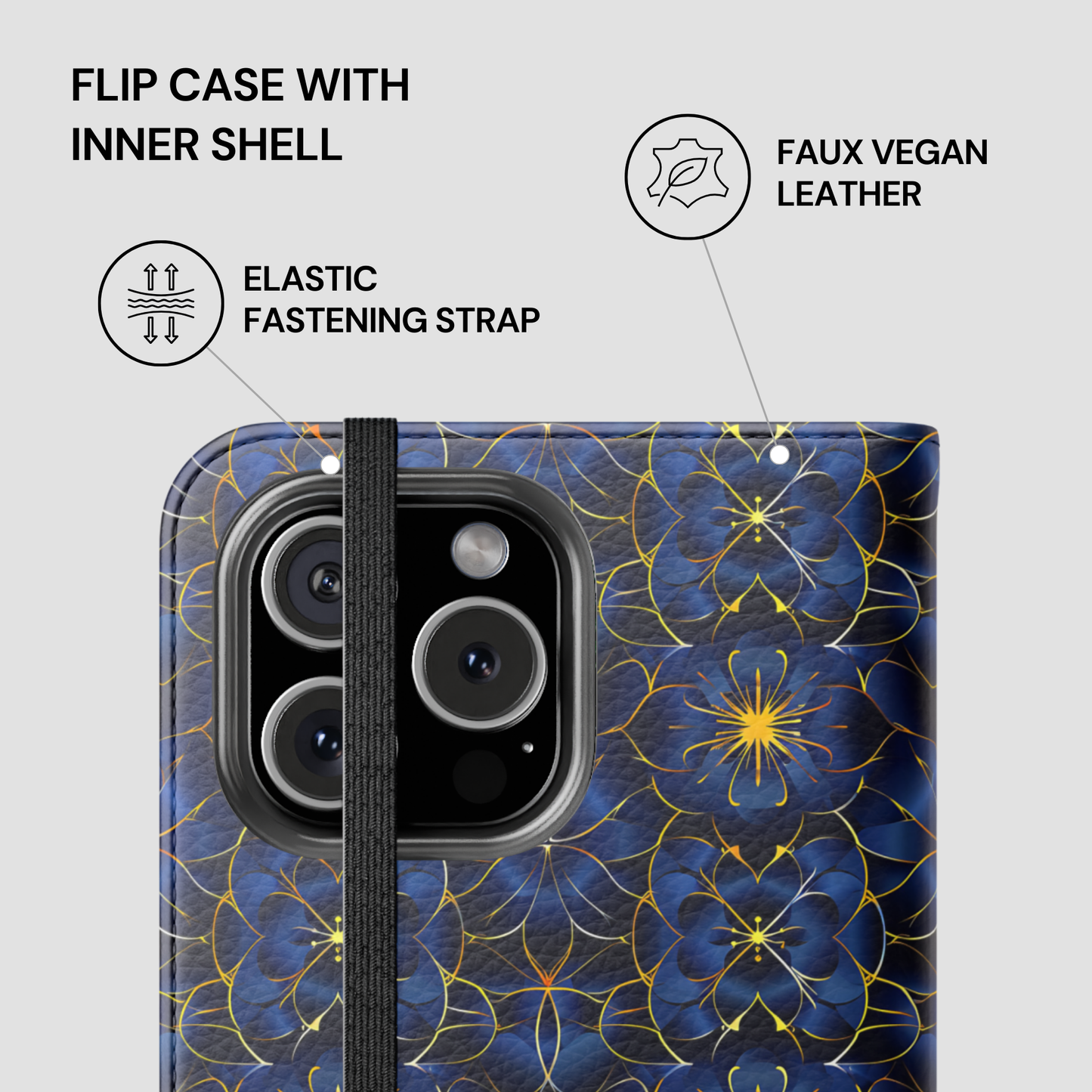Phone case with blue floral pattern and text highlighting features on a gray background