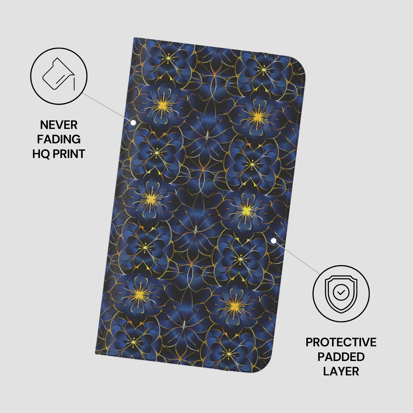 Floral patterned product with protective features on a gray background