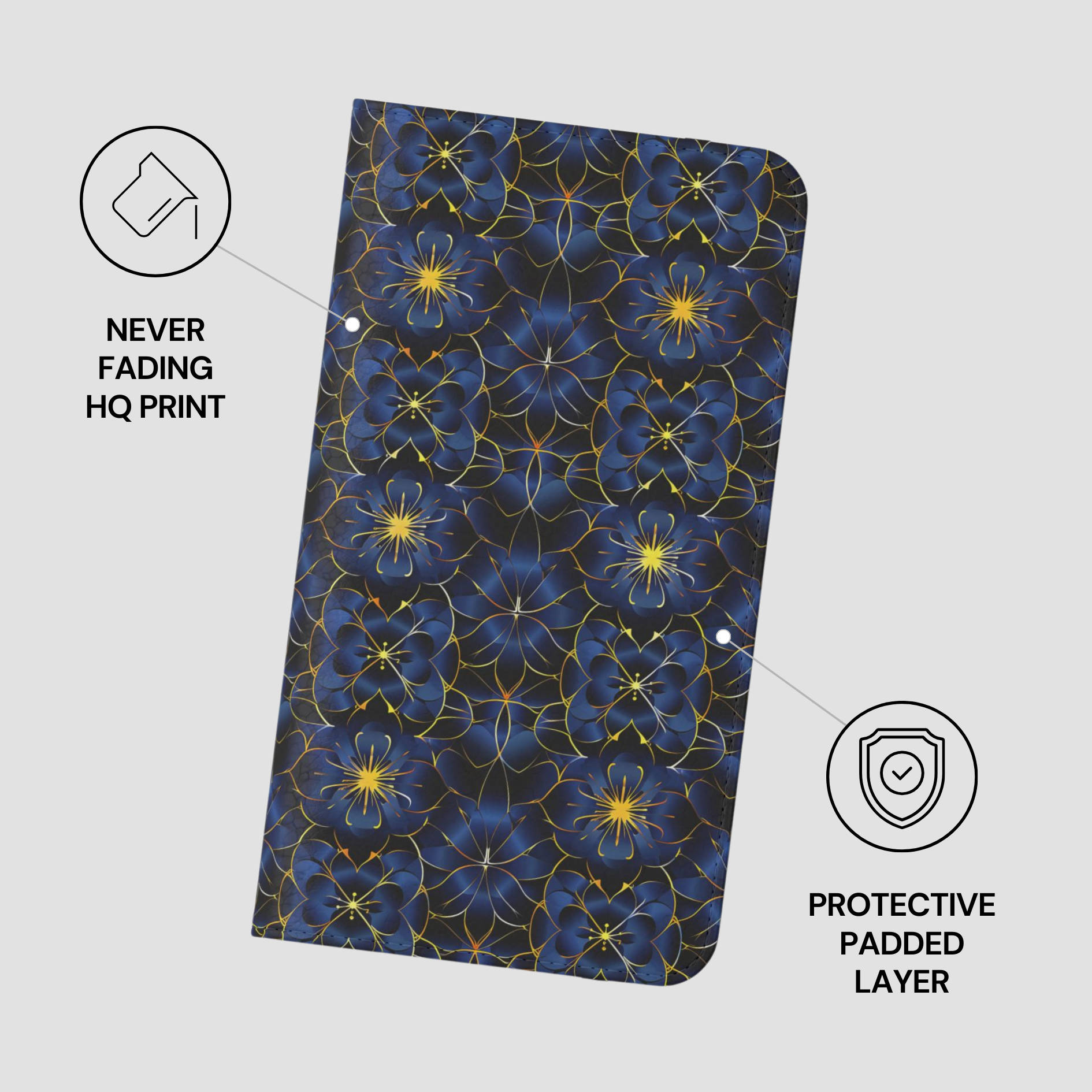 Floral patterned product with protective features on a gray background