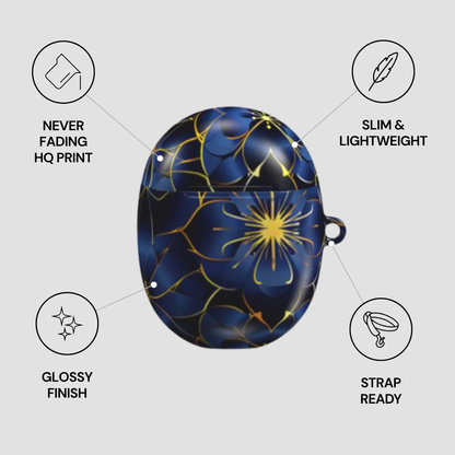 Blue and gold floral design case with features listed on a gray background