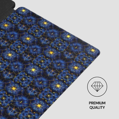 Floral patterned mat with blue flowers and yellow centers on a gray background, featuring a 'Premium Quality' label.