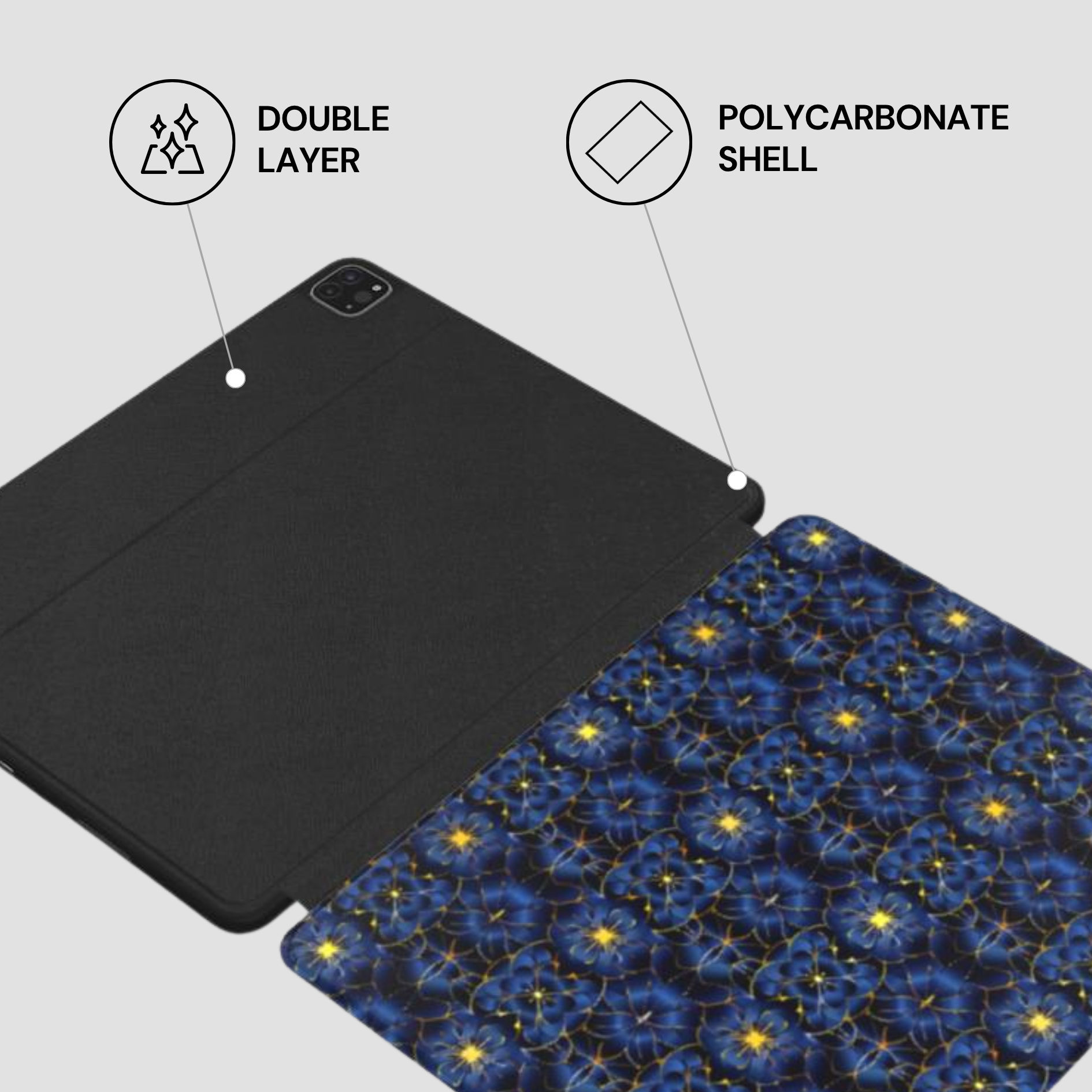 Tablet case with double layer and polycarbonate shell features on a gray background