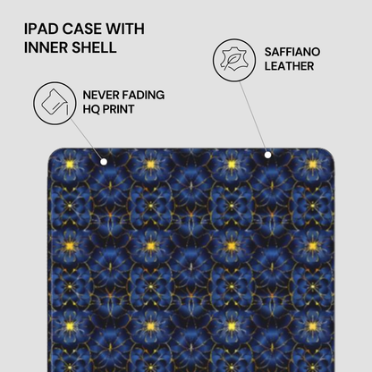 IPAD CASE WITH INNER SHELL featuring saffiano leather and never fading HQ print on a blue and yellow patterned background.