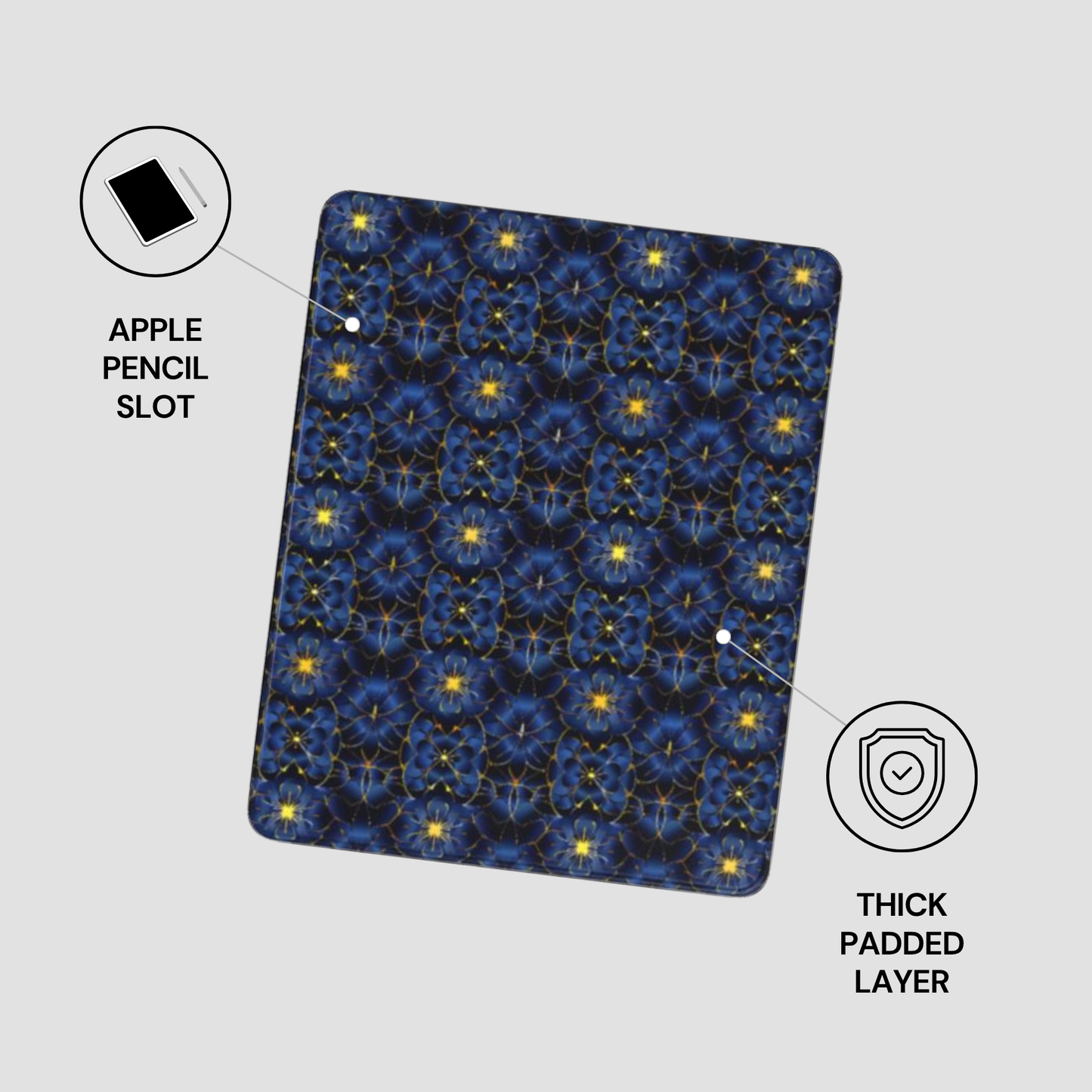 Patterned case with Apple Pencil slot and thick padded layer on a light gray background