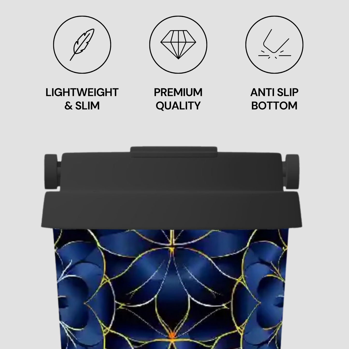 Tumbler with blue floral design and text indicating features on a gray background