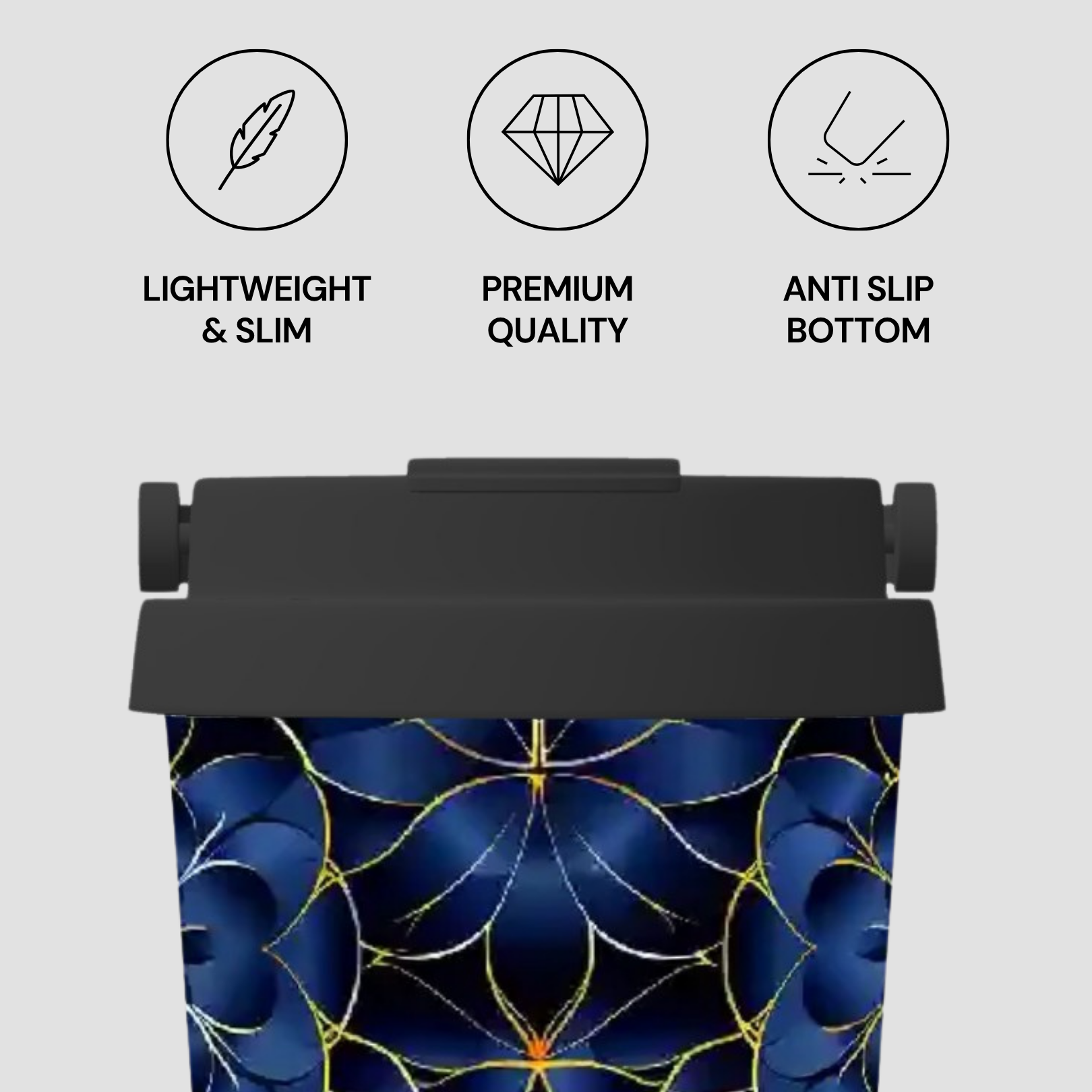 Tumbler with blue floral design and text indicating features on a gray background