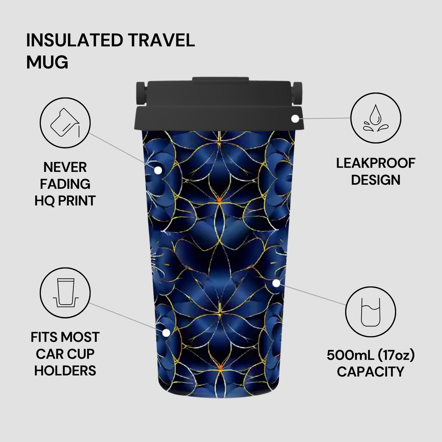 Insulated travel mug with blue floral pattern on a gray background
